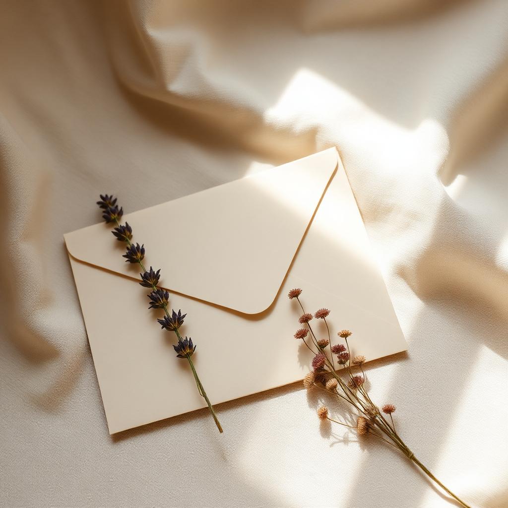A cream envelope with dried lavender in soft morning light